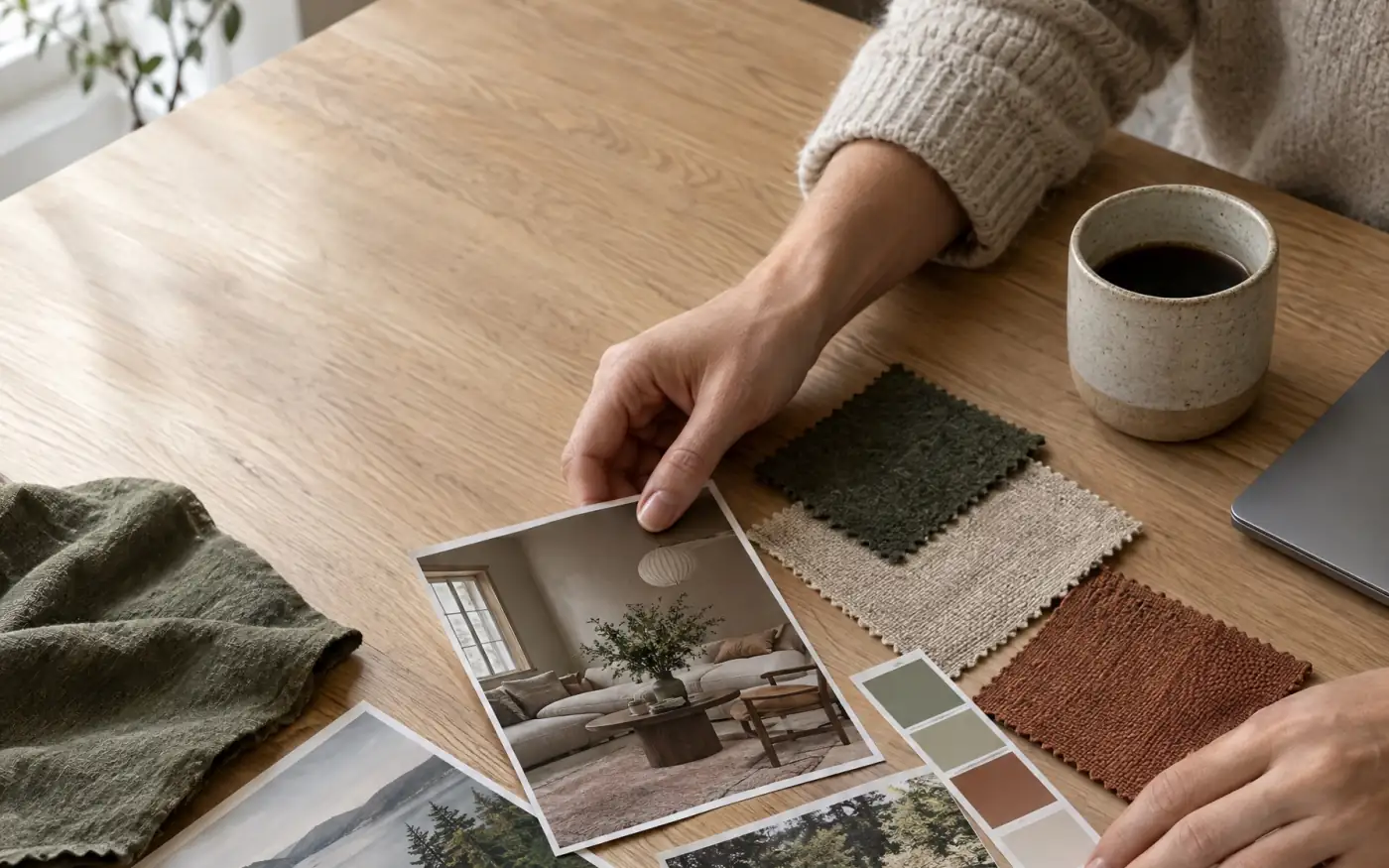 Moodboard med tygprover, färgkartor och en skissbok – underlag för en egen stil